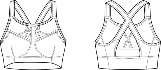 Cad drawing flat vector illustration, sports bra front and back view, racerback keyhole design, fashion sketch, garment template, activewear