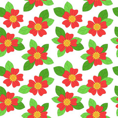 Red Flowers and Green Leaves Repeat Pattern on White, Vector Background