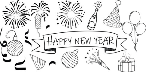 Festive black and white hand-drawn New Year doodle set featuring banner, fireworks, balloons, gifts, party hats, and champagne