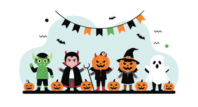Joyful children in diverse Halloween costumes, including monster, vampire, jack-o'-lanterns, and a ghost, with pumpkins and bats. - Powered by Adobe