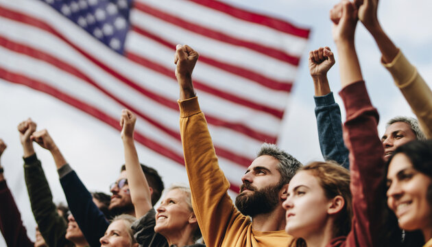 Diverse Group Protesting with Raised Fists and American Flag Backdrop.