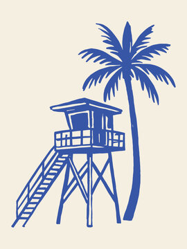 lifeguard tower and palm tree naive sketch line art vector