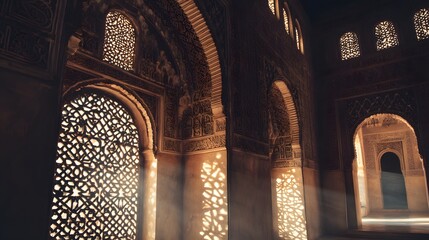 Ornate interior space features elaborate latticework windows casting dramatic light rays across carved surfaces.