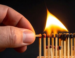 A hand ignites a match setting off a chain reaction against a black background