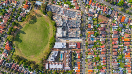 Panorama aerial drone view of western Sydney Suburbs of Canterbury Burwood Ashfield Marrickville Campsie with Houses roads and parks in Sydney New South Wales NSW Australia