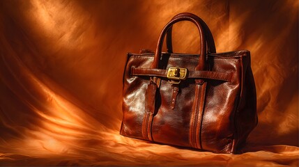 Richly textured dark brown leather handbag rests against dramatic warm fabric background