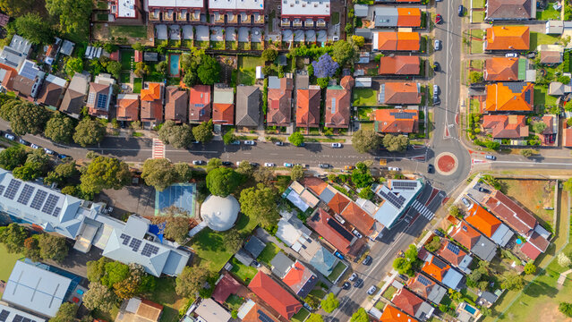 Panorama aerial drone view of western Sydney Suburbs of Canterbury Burwood Ashfield Marrickville Campsie with Houses roads and parks in Sydney New South Wales NSW Australia