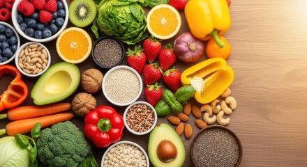 Healthy food selection with fruits, vegetables, seeds and nuts on table