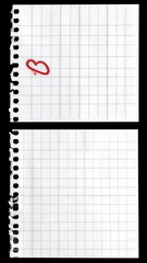 A digitally rendered image of two sheets of paper torn from a notepad. One has a red heart