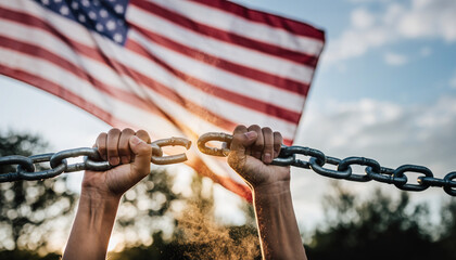 Powerful hands breaking a heavy metal chain symbolizing freedom with the American flag in the background.