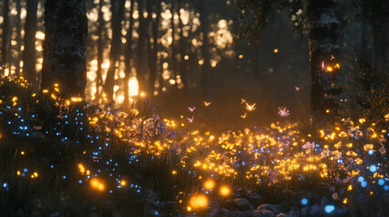 Night Forest with Glowing Lights. A tranquil forest scene illuminated by numerous small glowing lights, ideal for nature and magical-themed content.