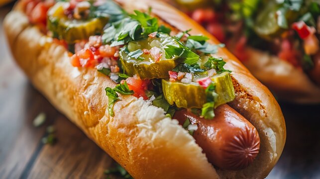 Shallow focus of a vegetarian hot dog in brioche roll pickles