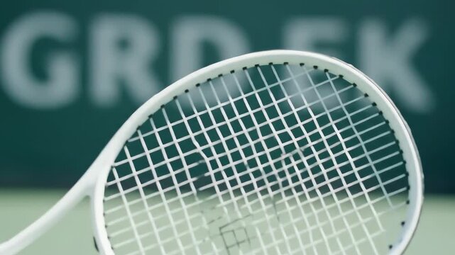 Tennis Racket Closeup Showing Broken Strings on Court