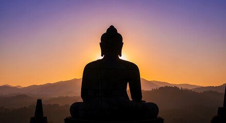 Seated Buddha figure representing tranquility and peace at dusk.