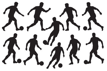 Soccer Player Silhouettes Dribbling and Playing Football Vector Illustration Set