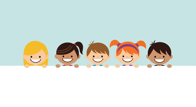 A happy group of diverse cartoon children with cheerful expressions peeking over a blank white banner, ready for your message.