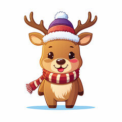 Fototapeta premium Charming Cartoon Reindeer Wearing a Festive Winter Hat and Scarf, Perfect for Holiday Designs