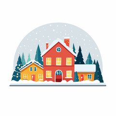 Fototapeta premium Cozy winter village illustration featuring snow-covered houses, festive evergreen trees, and falling snowflakes, perfect for holiday greetings and seasonal graphic designs