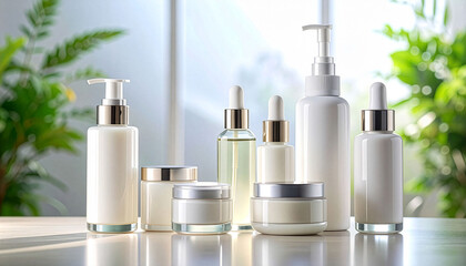 Natural skincare products in minimalist white bottles with sunlight and plants
