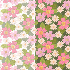 Spring Flowers and Daisies Repeat on White and Dark Green