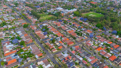 Panorama aerial drone view of western Sydney Suburbs of Canterbury Burwood Ashfield Marrickville...