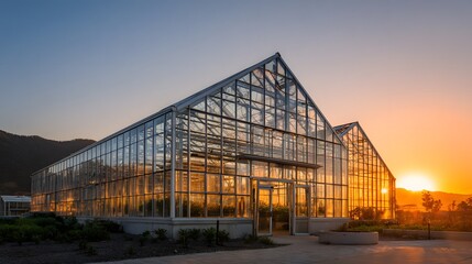 Large glass agricultural buildings bask in the warm glow of the setting sun outdoors