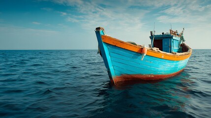 Fototapeta premium Wooden fishing vessel floats serenely upon deep blue ocean waters beneath a bright sky