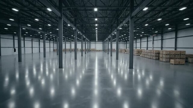 A large, empty, industrial warehouse interior, illuminated by overhead lights, boxes in the back