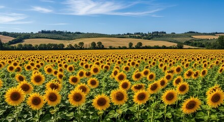 Vast sunflower field under clear blue sky in countryside landscape