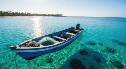 Naklejka premium Blue wooden boat floating on clear turquoise water near tropical beach shoreline