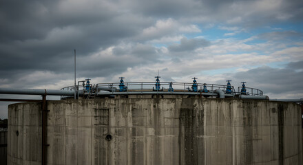Obraz premium Concrete reservoir tank with pipes and valves stands beneath a cloudy sky for water storage