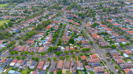 Panorama aerial drone view of western Sydney Suburbs of Canterbury Burwood Ashfield Marrickville Campsie with Houses roads and parks in Sydney New South Wales NSW Australia