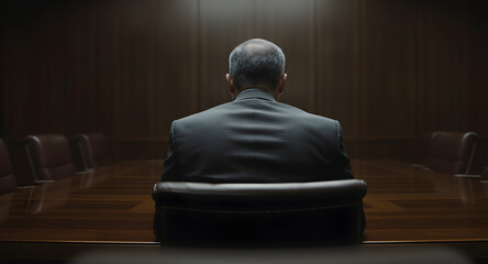 Businessman sits alone in a dark conference room facing an empty table and chairs waiting patiently