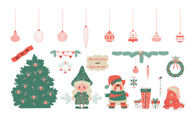 Festive Christmas vector clipart set with a girl in a Christmas tree costume, dog, cat, gifts, ornaments, tree and wreath. Festive lettering. Perfect for greeting cards, stickers, posters, packaging