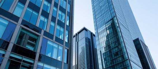 Reflective skyscrapers, modern office buildings. Modern skyscrapers reflecting the sky in an urban environment.