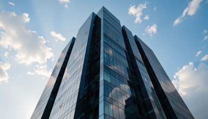 Reflective skyscrapers, modern office buildings. Modern skyscraper reaching towards a blue sky with clouds.