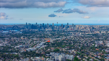 Panorama aerial drone view of western Sydney Suburbs of Canterbury Burwood Ashfield Marrickville Campsie with Houses roads and parks in Sydney New South Wales NSW Australia