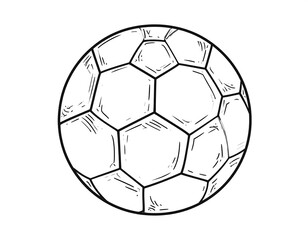 A hand-drawn black and white illustration of a standard soccer ball, isolated on white