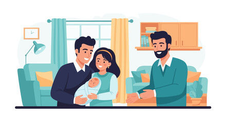 A couple with newborn meets a bearded man in a cozy living room