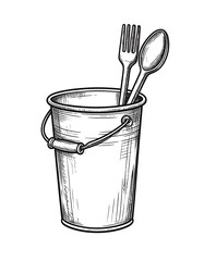 A hand-drawn image showing a metal bucket holding a fork and spoon