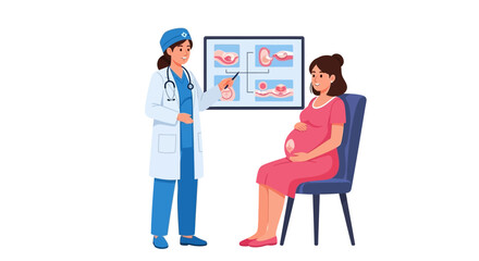 A doctor explains conception via illustrations to a seated pregnant woman