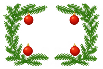 Christmas pine tree branches forming frame with red ornament baubles, holiday season greeting border, transparent background