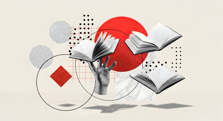 Surreal illustration with books and geometric shapes for education promotion and literary projects and designs