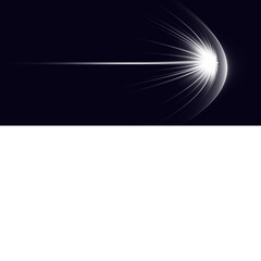 Bright glowing light burst with curved energy trail and dynamic rays on a dark background. Perfect for use in abstract design, motion graphics, sci-fi backgrounds, speed effects, 