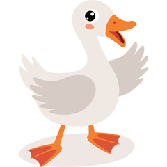 A Cute Cartoon Goose With White Feathers Orange Beak and Orange Feet Stands With One Wing Raised and Mouth Open Smiling Against a Transparent Background