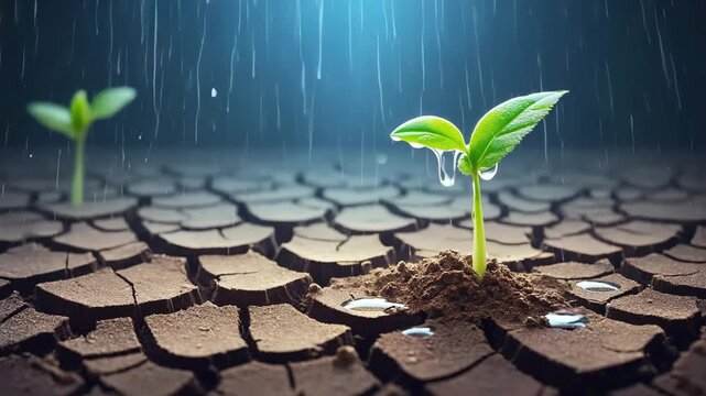 Hopeful green sprout emerges as rain falls onto cracked earth, promising a fresh start and renewed growth with nature's gentle touch