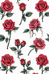 Fototapeta premium Pinstripe Rose Pattern Repeating Motif A seamless repeating pattern of stylized roses, each created with bold, black pinstripes on a clean white background. The roses are arranged in a precise,