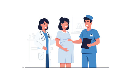 A pregnant woman stands with a female doctor and a male nurse or doctor in a medical setting