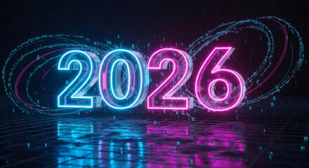 Futuristic 2026 new year glowing neon cyber design celebrates technology and innovation with vibrant colors, perfect for digital age promotions