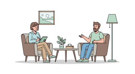 Professional psychological help concept showing a male patient talking with a female psychotherapist during a consultation